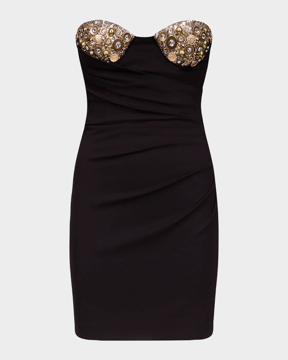 Crystal Button Cluster Embroidered Draped Mini Dress